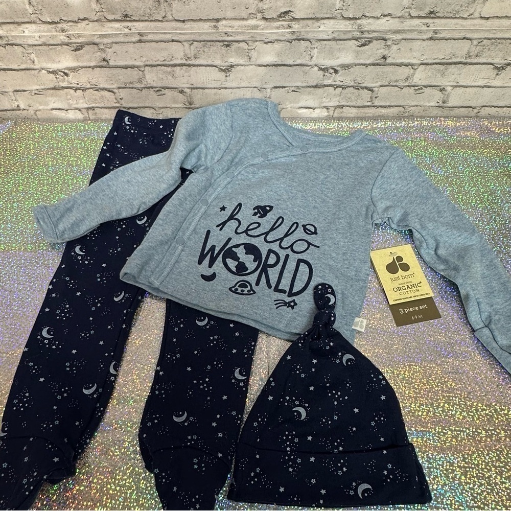 Just Born 6/9 Months 3 Piece Sleep Set Top Bottoms Hat Infant Pajamas NEW